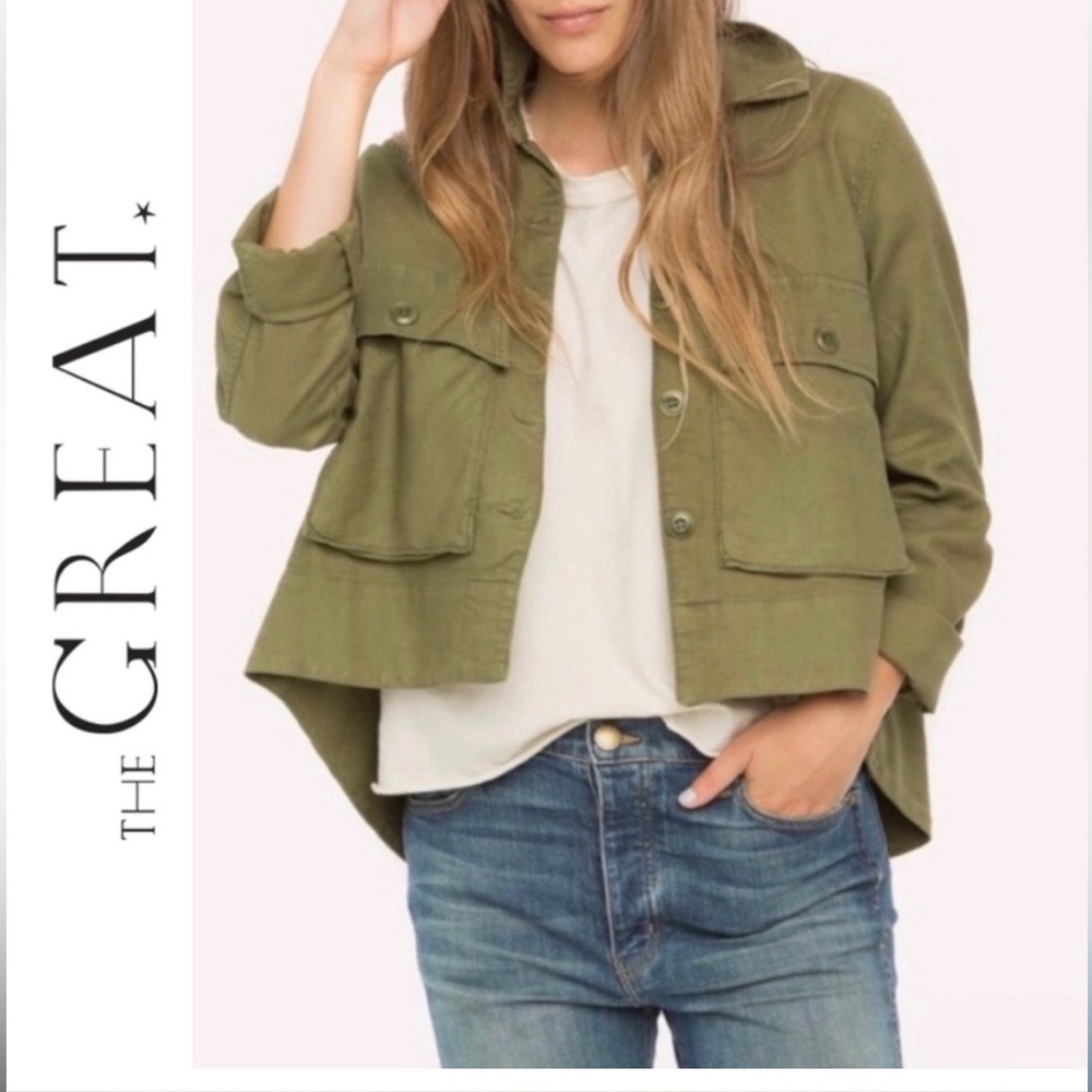 THE GREAT. The Swingy Army Jacket Military Green Utility Short High Low Coat 2